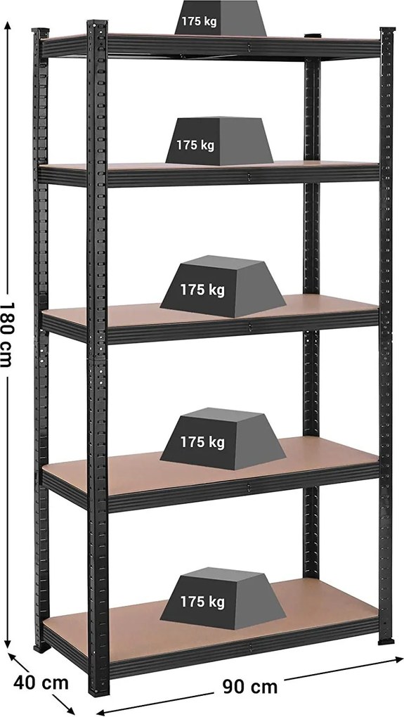 Polcos állvány, 175kg polconkénti teherbírással, fekete, barna 180x90x40cm