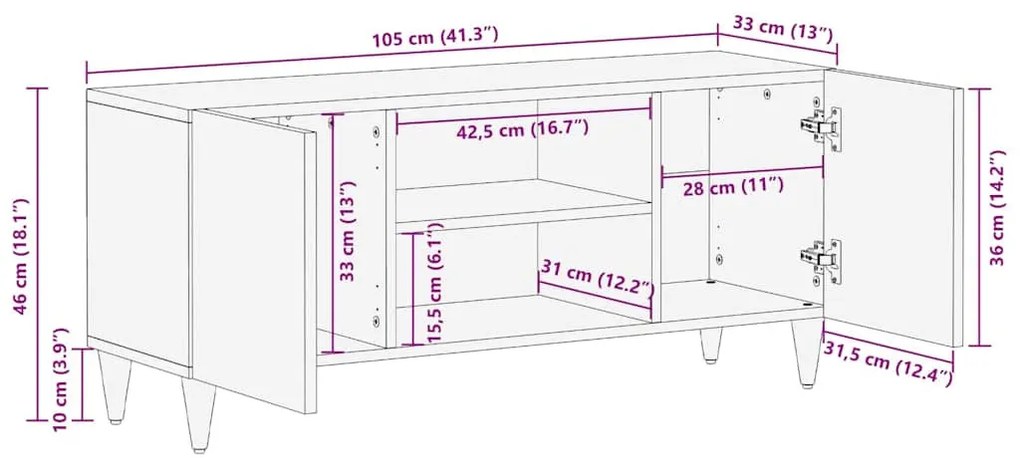 TV szekrény Fekete és Arany 105 x 33 x 46 cm tömör mangófa
