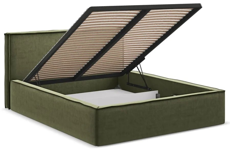 Zöld kárpitozott ágyneműtartós franciaágy ágyráccsal 160x200 cm Anani – Makamii