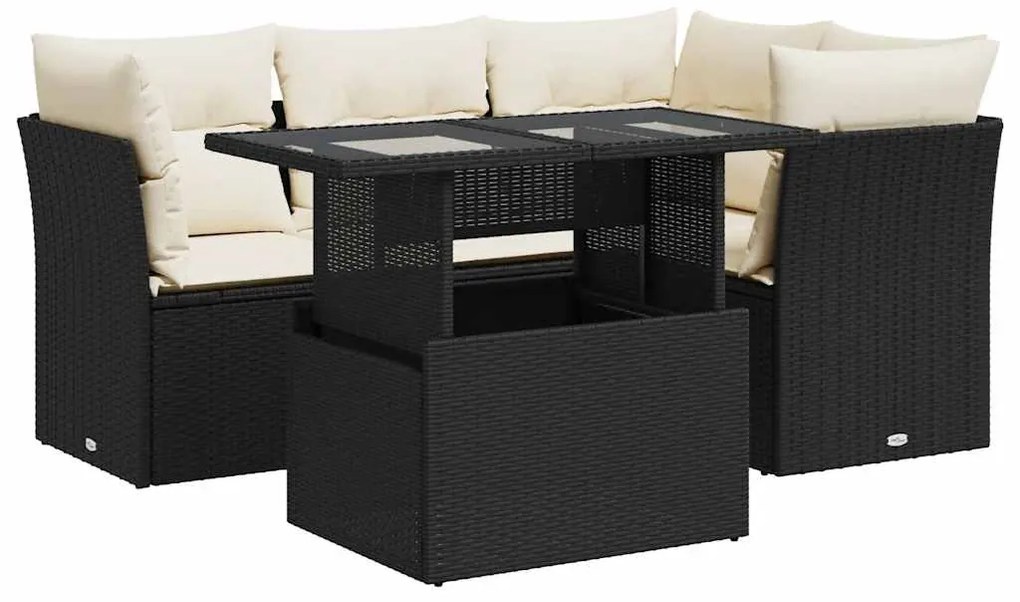 5 részes fekete polyrattan kerti kanapészett párnákkal