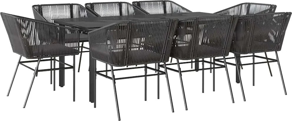 vidaXL 9 részes fekete polyrattan üveg kerti étkezőgarnitúra párnákkal