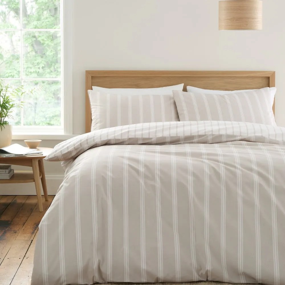Bézs kétszemélyes pamut ágyneműhuzat 200x200 cm Ashford Stripe – Bianca