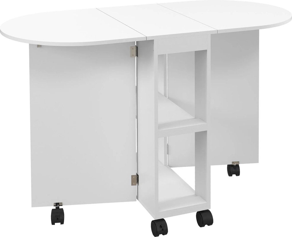 HOMCOM Összecsukható Étkezőasztal Kerekekkel - Konyhai Asztal Hajtható Oldalakkal és 2 Nyitott Polccal - Modern Stílus 80 kg Teherbírás 120x60x77 cm F