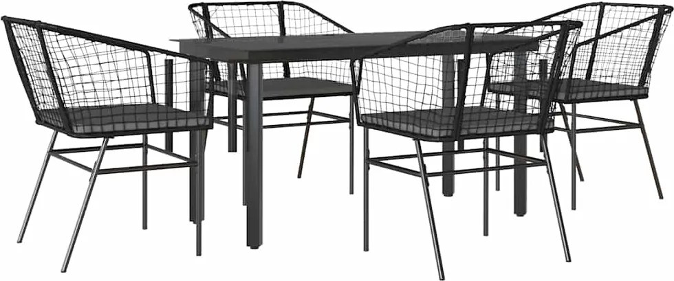 vidaXL 5 részes fekete polyrattan üveg kerti étkezőgarnitúra párnákkal