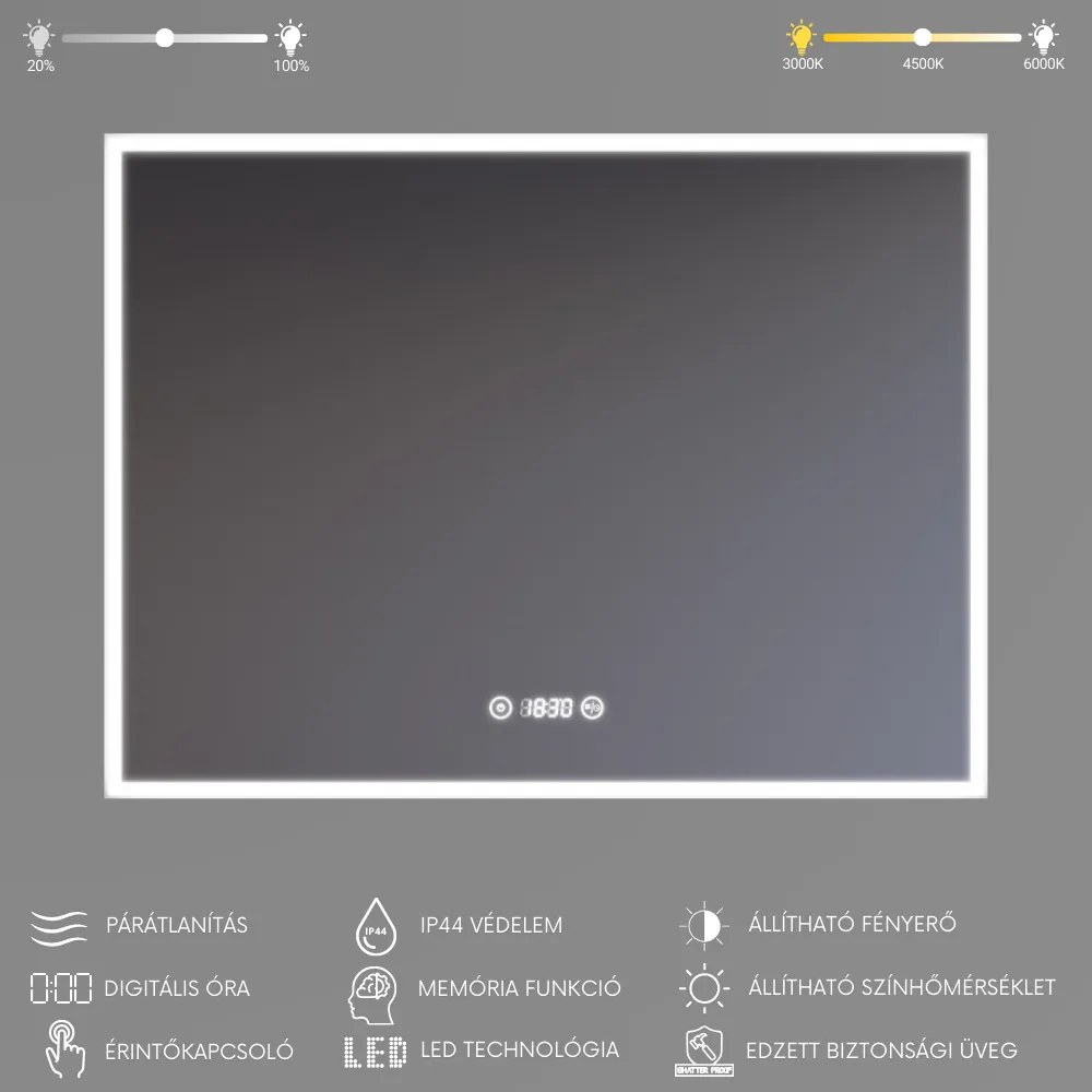 Fekvő fürdőszobai LED tükör 80x60cm | Páramentesítő funkció | Beépített óra | Fényerő és színhőmérséklet szabályozás | Welland Luxury-Line G774