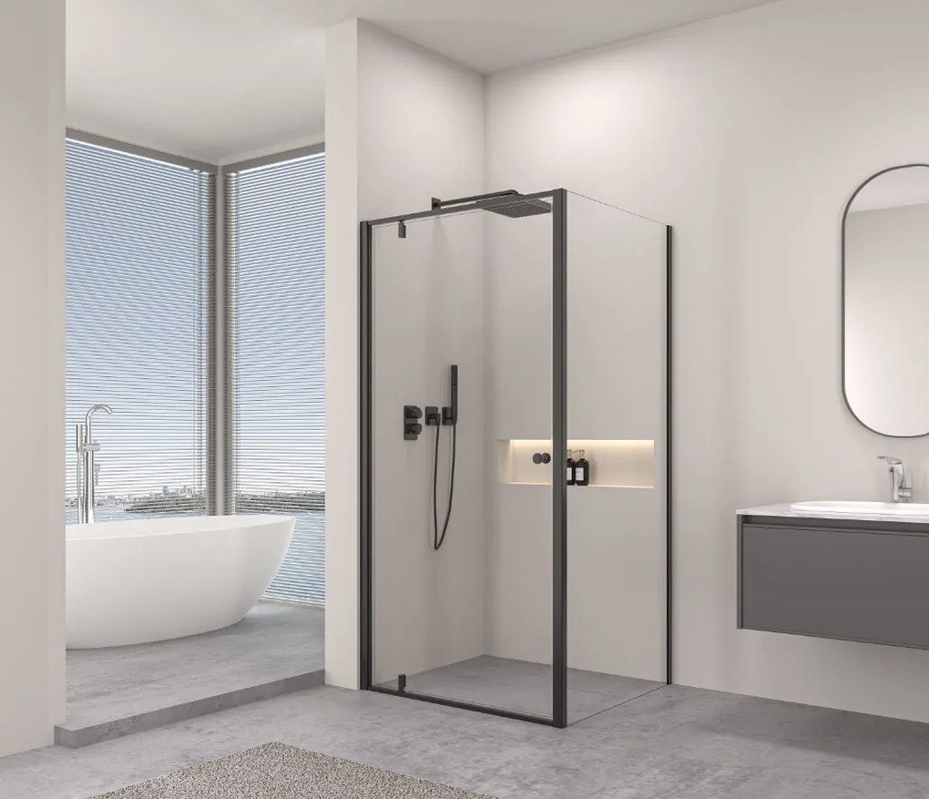 Erga Sydney, zuhanykabin egyszárnyú ajtóval 100 (ajtó) x 90 (fal) x 195 cm, 6mm átlátszó üveg, fekete profil, ERG-V02-SYDNEY-D100G090-BK