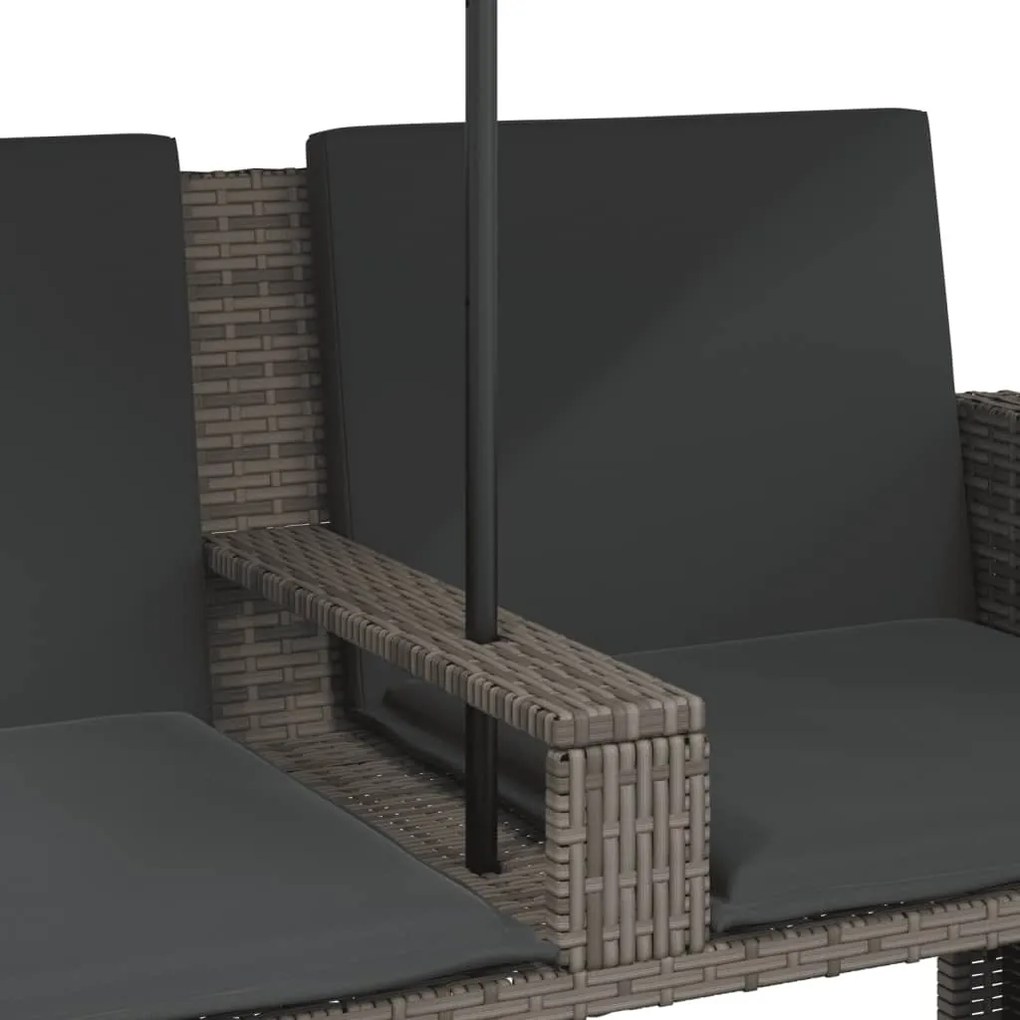 2 személyes szürke polyrattan kerti kanapé napernyővel/székkel