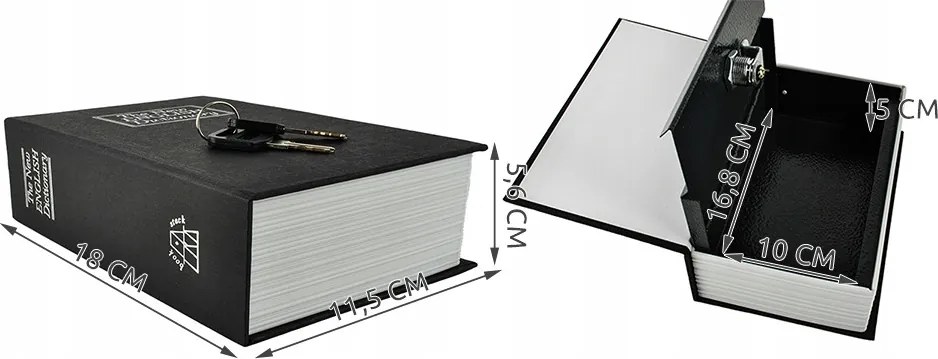 Könyv alakú biztonsági doboz, 18 x 11,5 x 5,6 cm, fekete