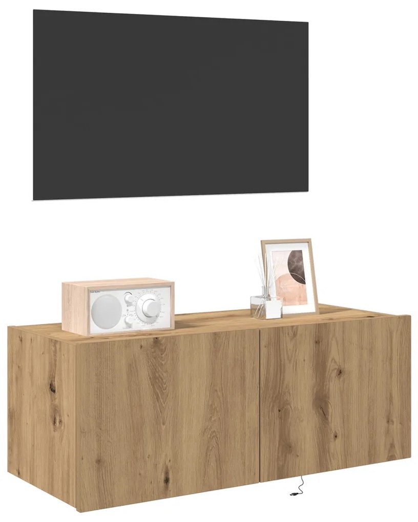 LED világítással ellátott TV fali szekrény, kézműves tölgy, 80x35x31 cm