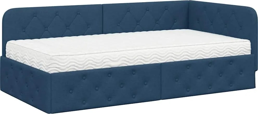 vidaXL Sarokágy keret matracmal fejtámlával Kék 90 x 200 cm szövet