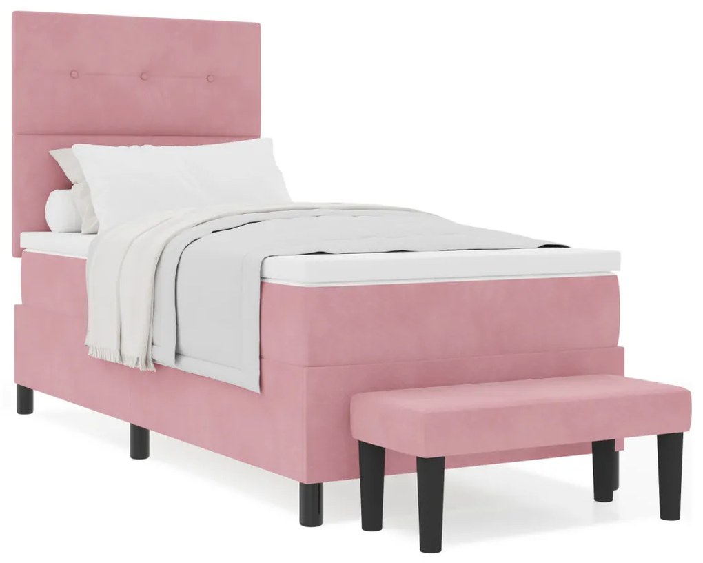 Box spring ágy matraccal és pad rózsaszín 90x190 cm velúr
