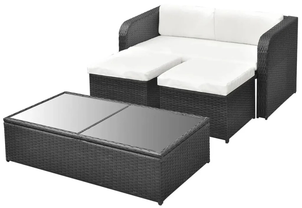 4 részes fekete polyrattan kerti bútorszett párnákkal