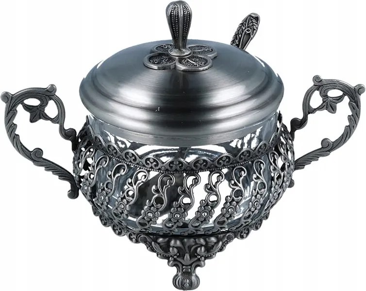 Cukortartó ezüst, ón bevonatú kanállal