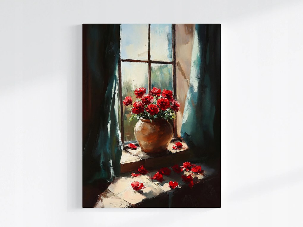 Canvas Vászonkép Piros Virágok Az Ablakban Váza Rózsák Vintage 75x100
