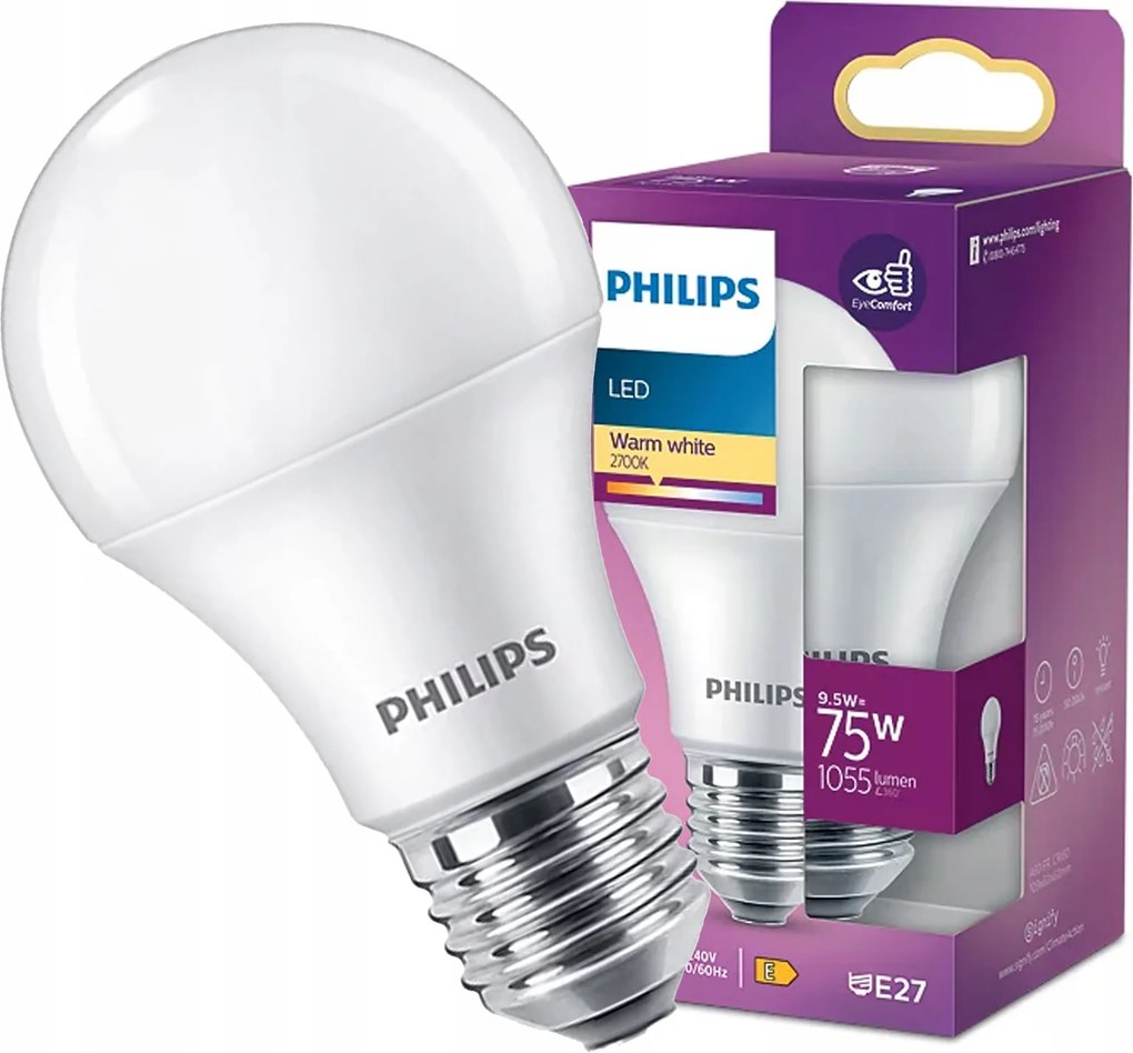 Led izzó E27 A60 9.5W 75W 1055lm 2700K Meleg fehér Philips