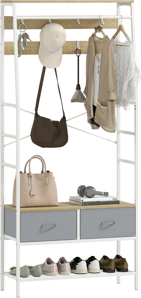 HOMCOM Kabátállvány Cipőtartó Előtér Kabátállvány Cipőtartó 8 Horog 2 Szövet Fiók Fém Rács Polc Ipari Stílusban Ruhák Akasztásához Előszobába, Hálószo