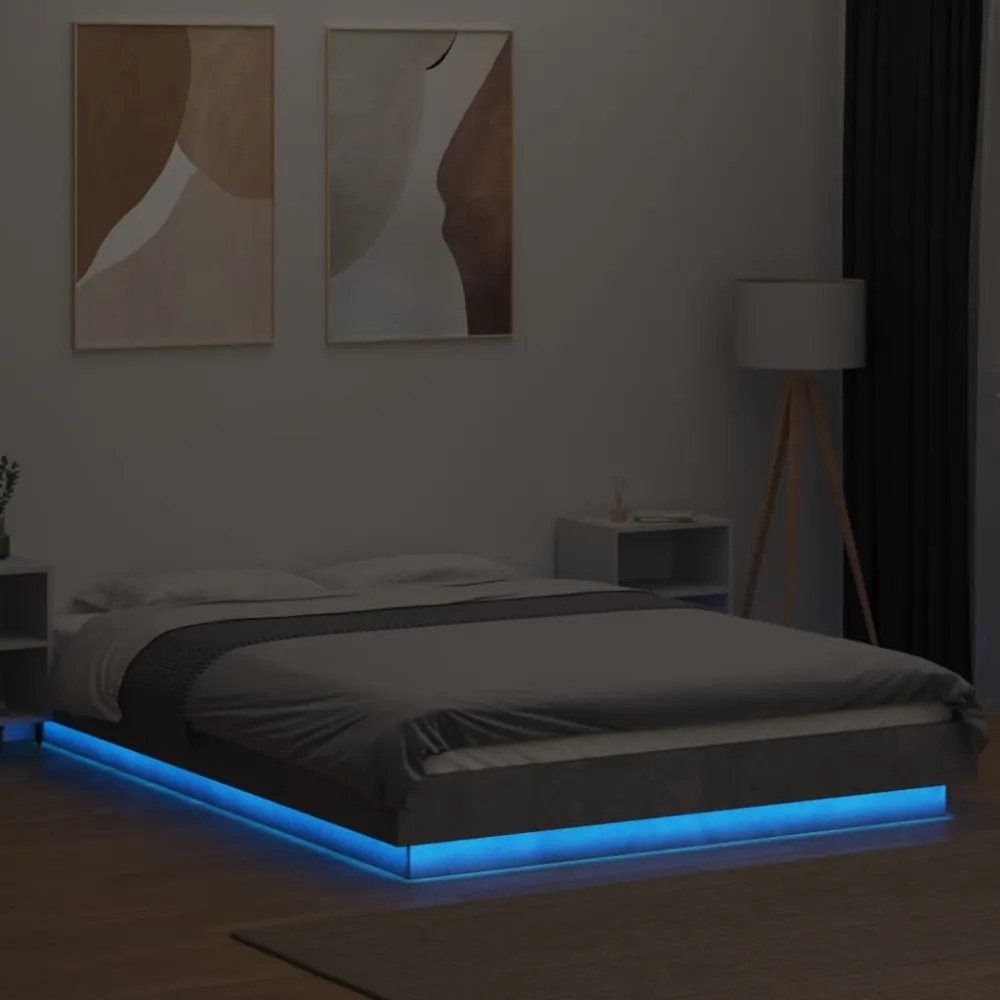 betonszürke szerelt fa ágykeret LED-del 120 x 190 cm