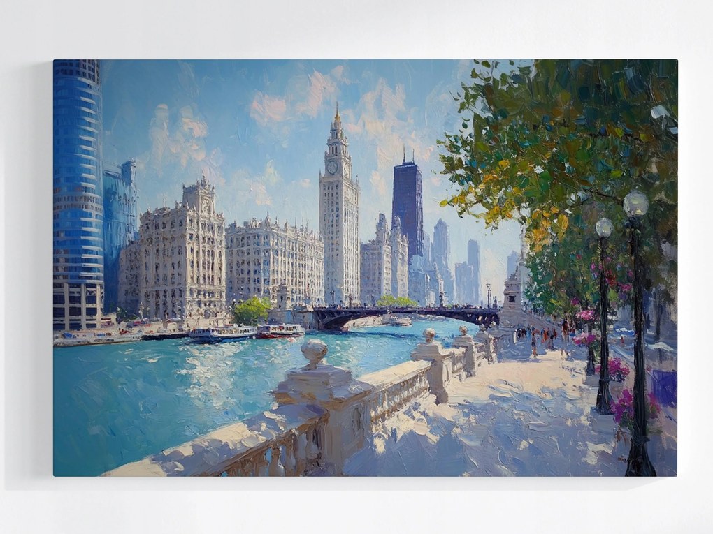 Poszter Város Usa Chicago Folyó Felhőkarcolók Híd Kilátás 120x80