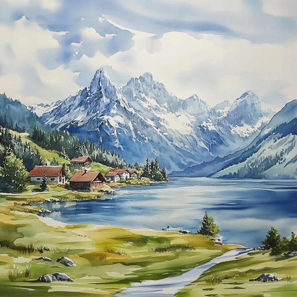 Vászonkép Canvas Tájkép Hegyek Csúcsok Alpok Tó Házak Falu 80x80