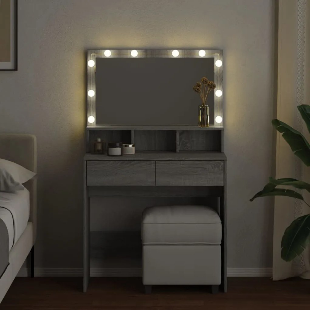 szürke sonoma színű fésülködőasztal LED-del 80 x 41 x 134,5 cm