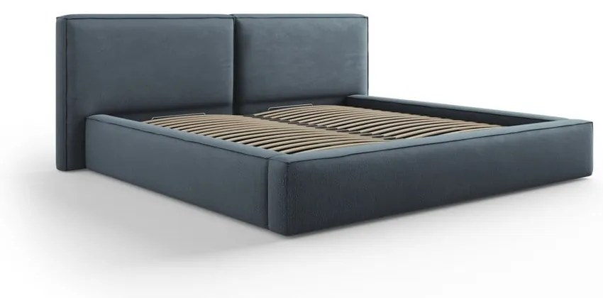 Sötétkék kárpitozott franciaágy tárolóhellyel, ágyráccsal 200x200 cm Arendal – Cosmopolitan Design
