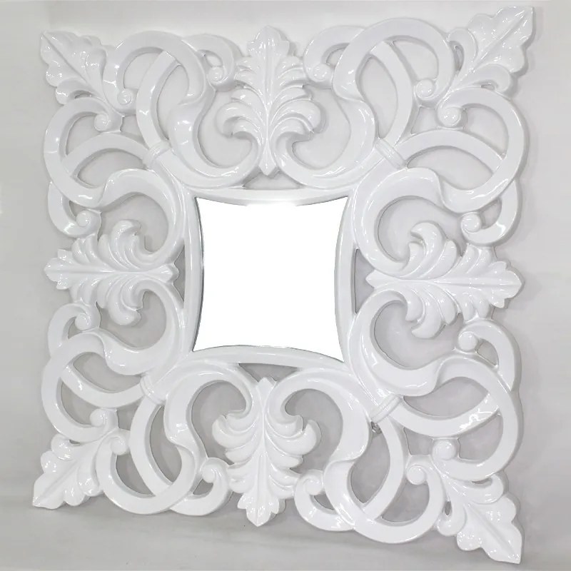 Ívelt cirádás fali tükör magasfényű fehér blondel keretben 101x101x4cm