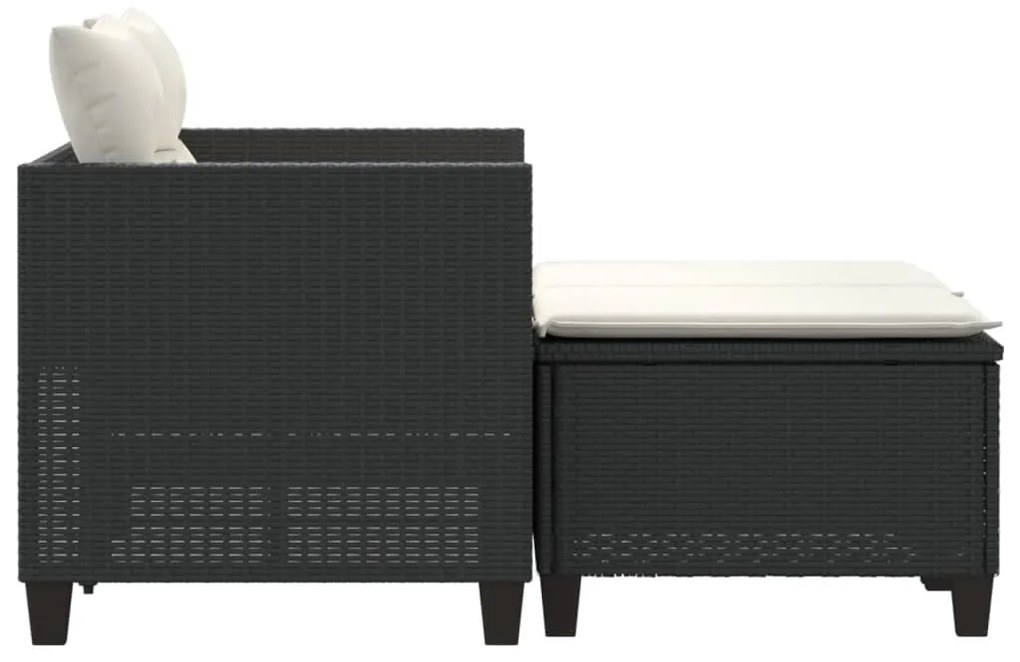 2 személyes fekete polyrattan kerti kanapé zsámollyal
