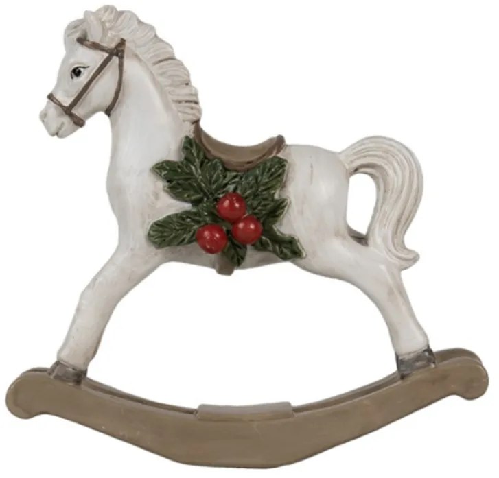 Fehér hintaló magyalos nyereggel, 17x5x16cm, műanyag dekorfigura