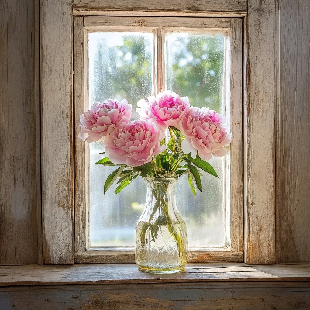 Vászonkép Canvas Ablak Dekoráció Váza Virágok Bazsarózsa Csokor 80x80