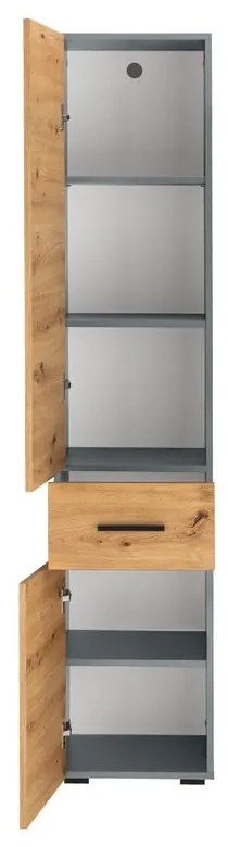 Natúr színű magas keskeny fürdőszoba szekrény tölgyfa dekorral 180x35 cm Malika – Støraa