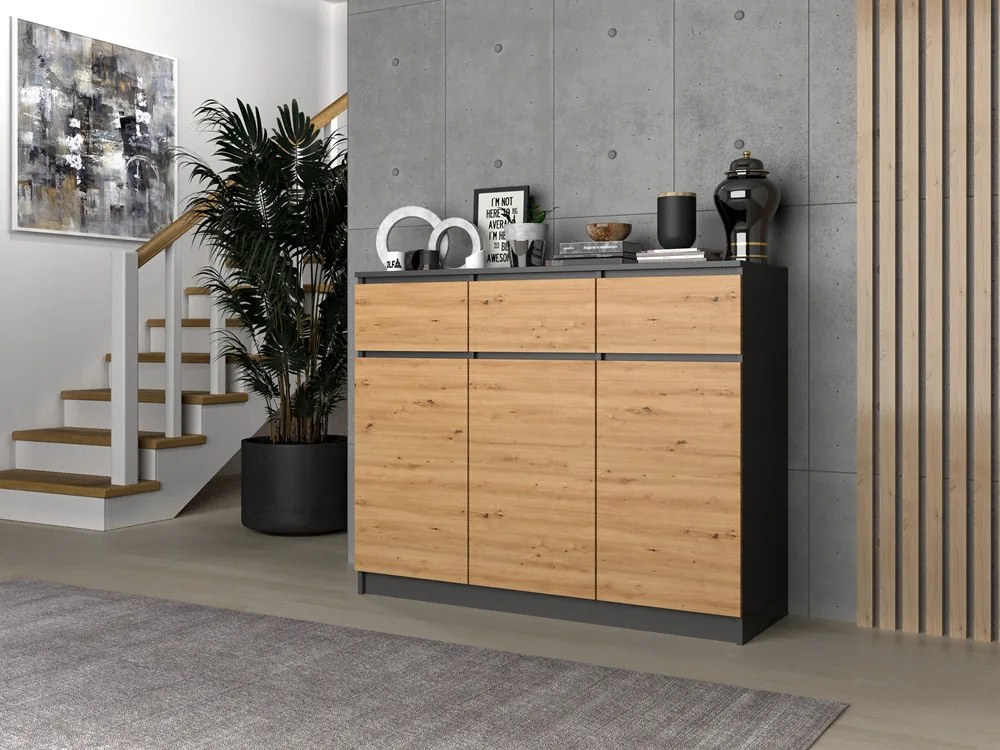 Riano MIX 3D3S komód, 120x97x40 cm, antracit-tölgy