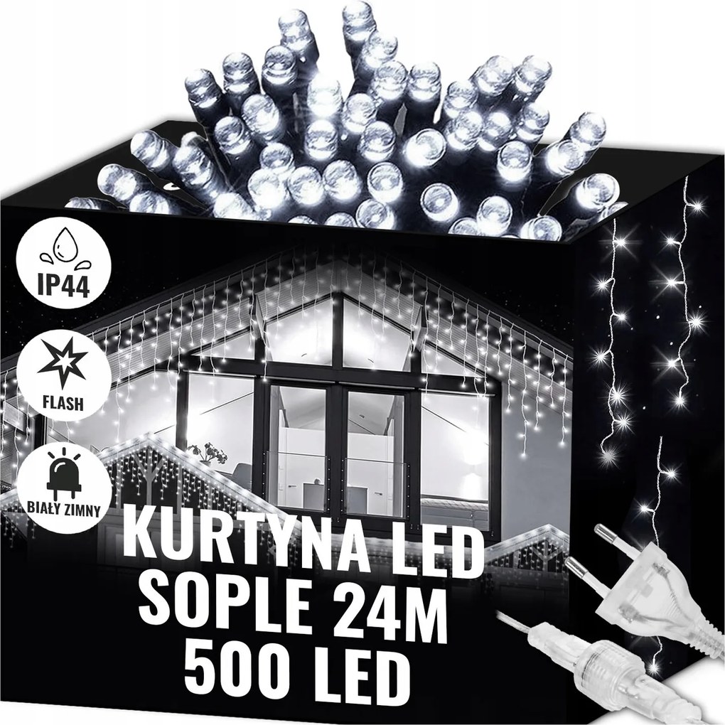Jégcsap Függöny 500LED Fehér Hideg Fényű Kültéri Flash 24M