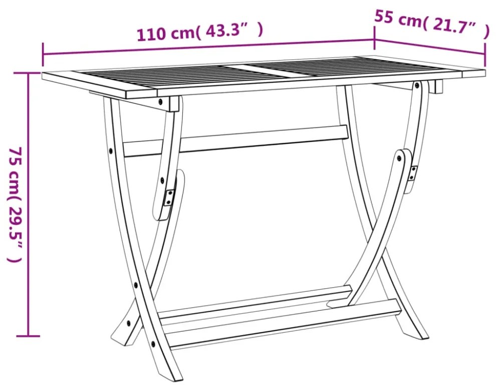 összecsukható tömör akácfa kerti asztal 110 x 55 x 75 cm