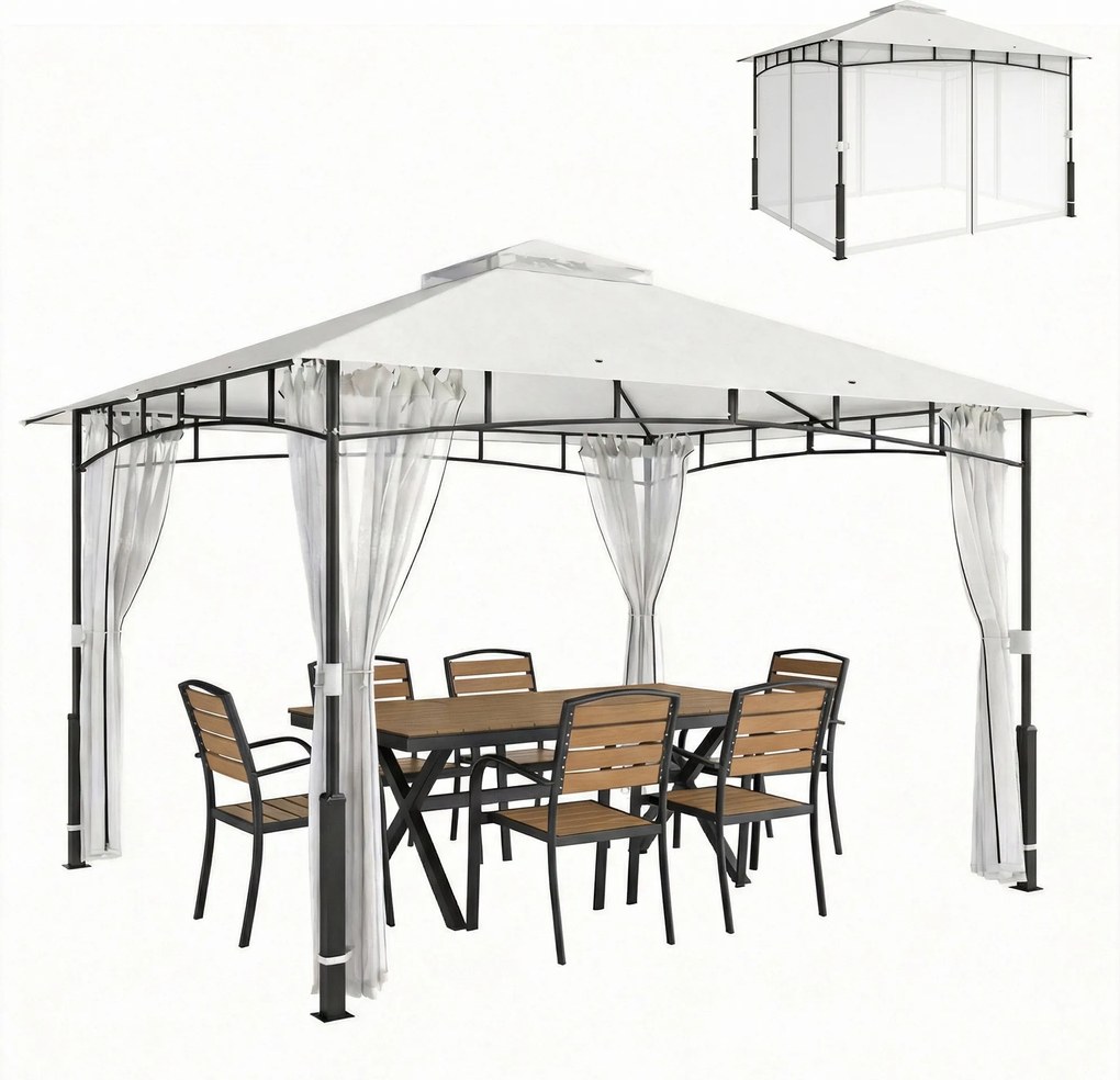 Outsunny pavilon 3,6 x 3,0 m (360 x 300 x 275 cm) — vízlepergető fém kerti pavilon szúnyoghálóval, dupla tetővel, faerezetű oszlopokkal, fekete | Aoso