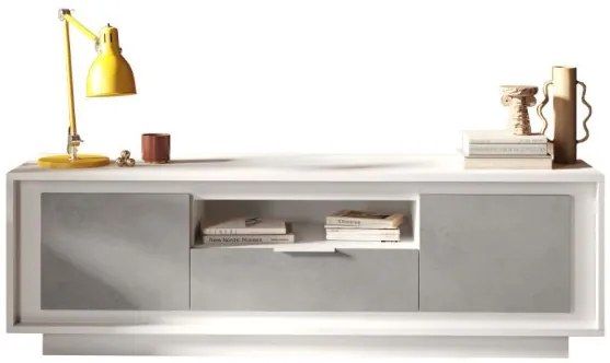 SKY 2.0 TV-szekrény 2 ajtóval és 1 fiókkal, fehér matt lakkozott vázzal, betonhatású laminált előlapokkal