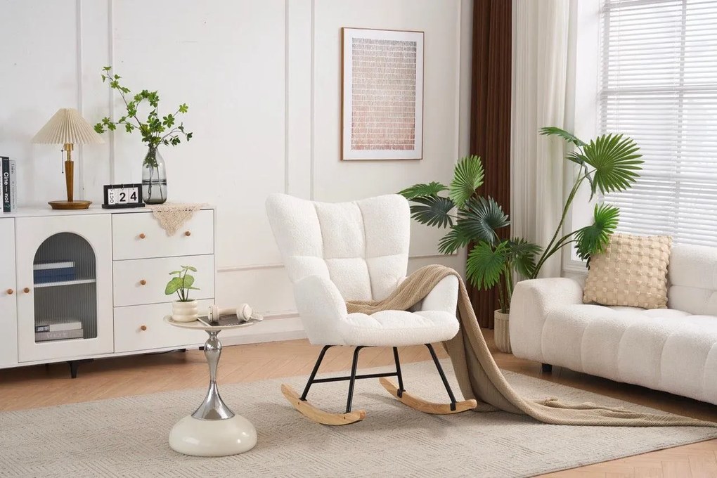 Hintaszék, relaxációs szék, szoptatós fotel plüss szövet kárpitozással, fehér színű