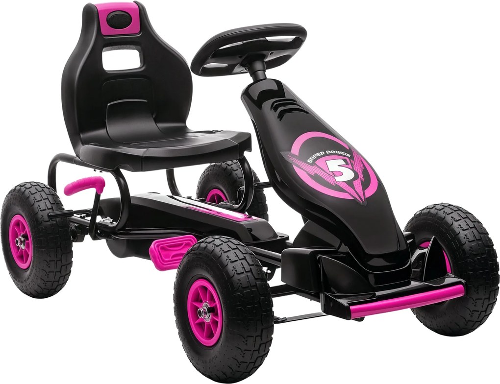 HOMCOM Go-Kart, Gyerek Jármű Állítható Üléssel, Pedálos Autó Gumikkal, Pedál és Kézi Fék, Kettcar 5-12 Éveseknek, Szabadtéri, Rózsaszín | Aosom