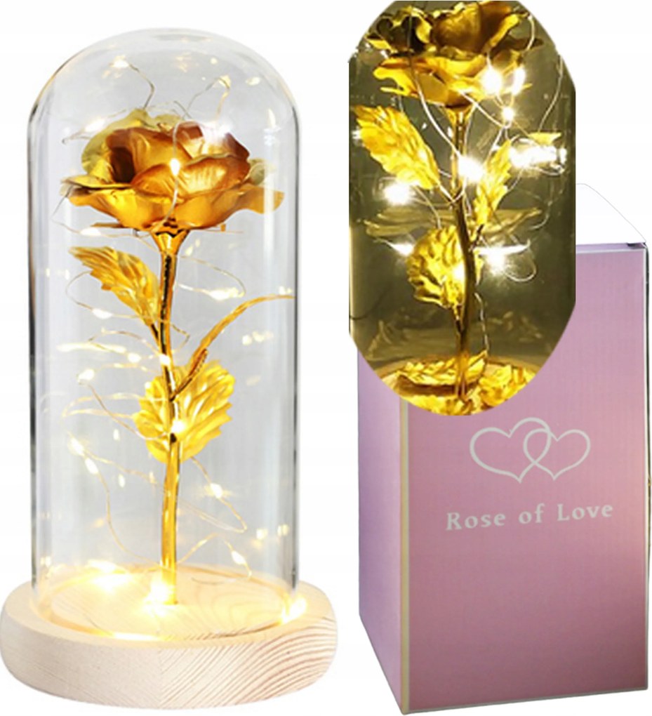 Szép Rózsa Üvegburában Arany Színű Háttérvilágítással Dekoráció, Ajándék Aranylakodalomra