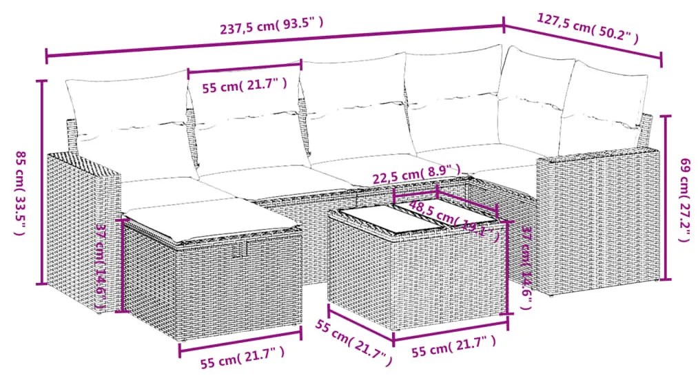 7 részes barna polyrattan kerti ülőgarnitúra párnákkal