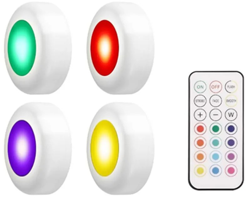 4 db-os elemes öntapadós, 12 COB RGB színes LED-es lámpa készlet, távirányítóval