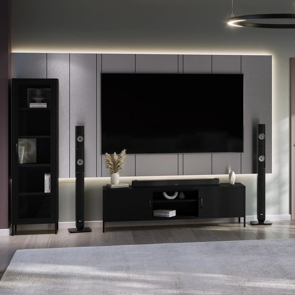 TV-szekrény fém széles XL lábakon fekete, 1700x400x500 mm: ROSARIA