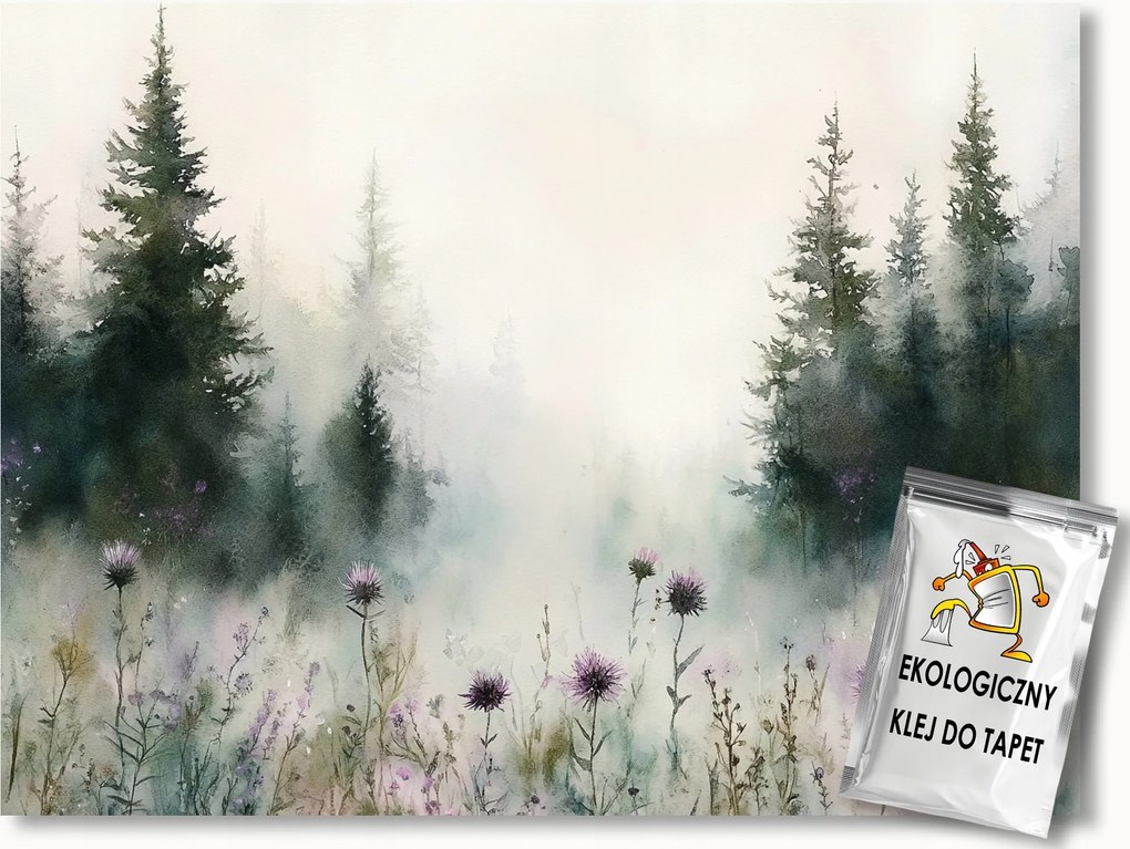 Fotótapéta Flizelina Tájkép Erdő Fák Lucfenyő Rét Bogáncs Köd 250x175 ragasztó