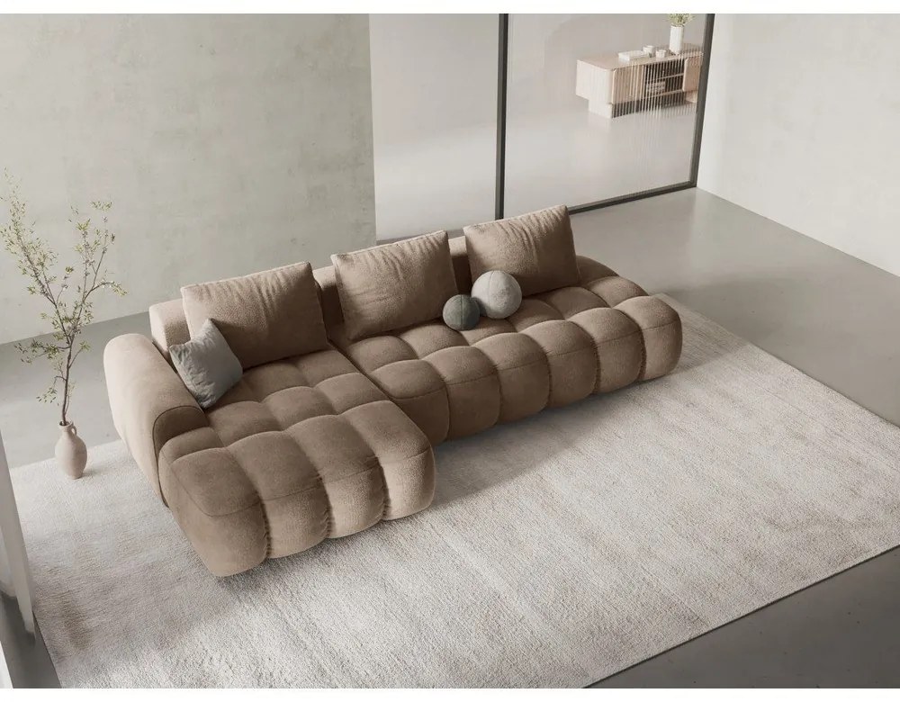 Világosbarna bársony kinyitható-tárolóhelyes sarokkanapé (bal oldali-heverő résszel) Linz – Cosmopolitan Design