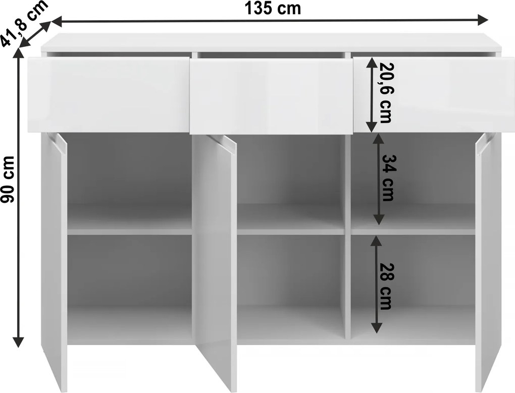 Komód 3D3S, fehér/fehér extra magas fényű HG, JOLK