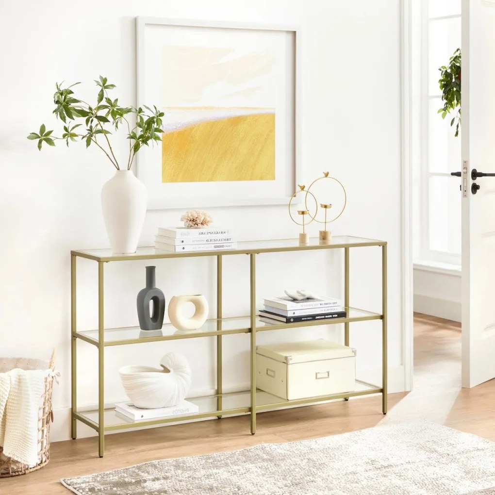 Konzolasztal polcokkal edzett üveglappal, arany 130x30x73cm