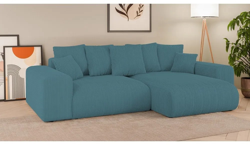 Türkiz kordbársony kinyitható tárolóhelyes sarokkanapé Luma – Ropez