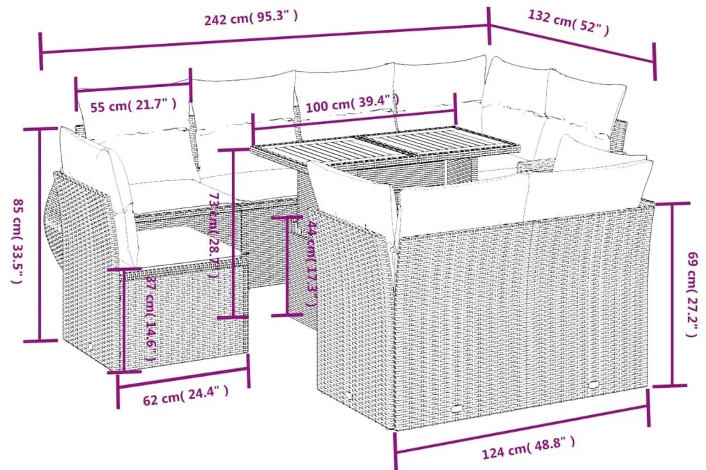 9 részes szürke polyrattan kerti ülőgarnitúra párnákkal