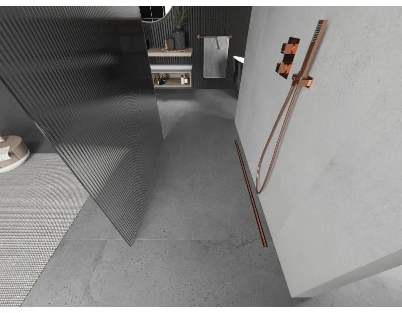 Mexen Kioto, Walk-In zuhany paraván 100 x 200 cm, 8 mm-es üveg bordás mintával, rózsa arany profil, 800-100-002-60-09