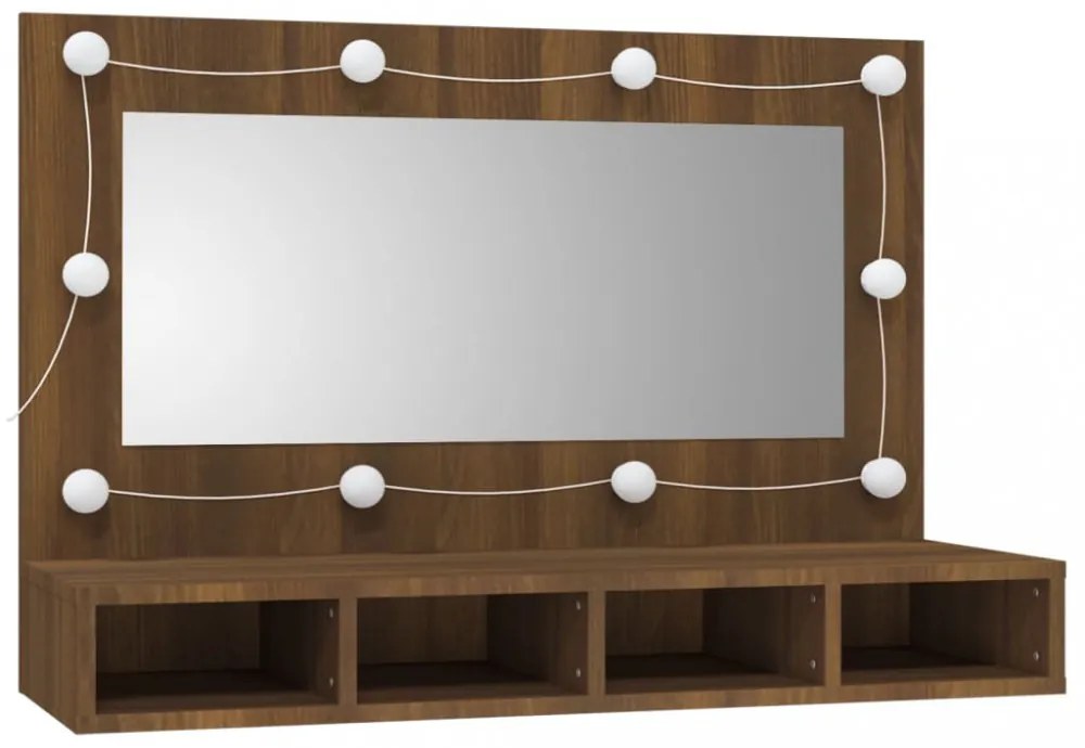 barna tölgy színű tükrös szekrény LED-ekkel 90 x 31,5 x 62 cm