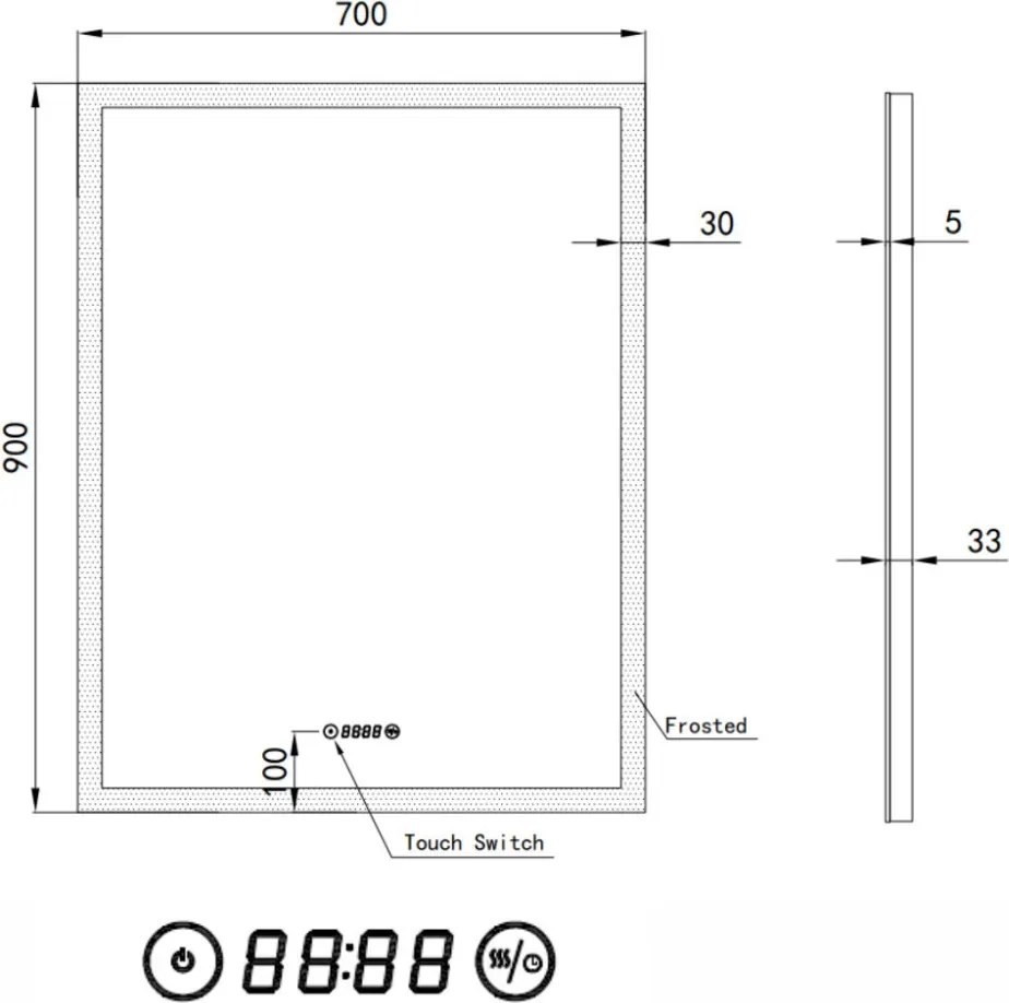 Álló fürdőszobai LED tükör 70x90cm | Páramentesítő - Óra - Fényerő és színhőmérséklet szabályozás | Welland Luxury-Line